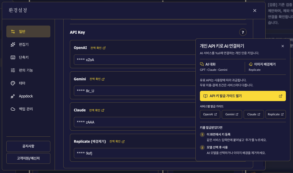 환경설정의 일반 탭에 있는 API Key 등록 항목과 도움말